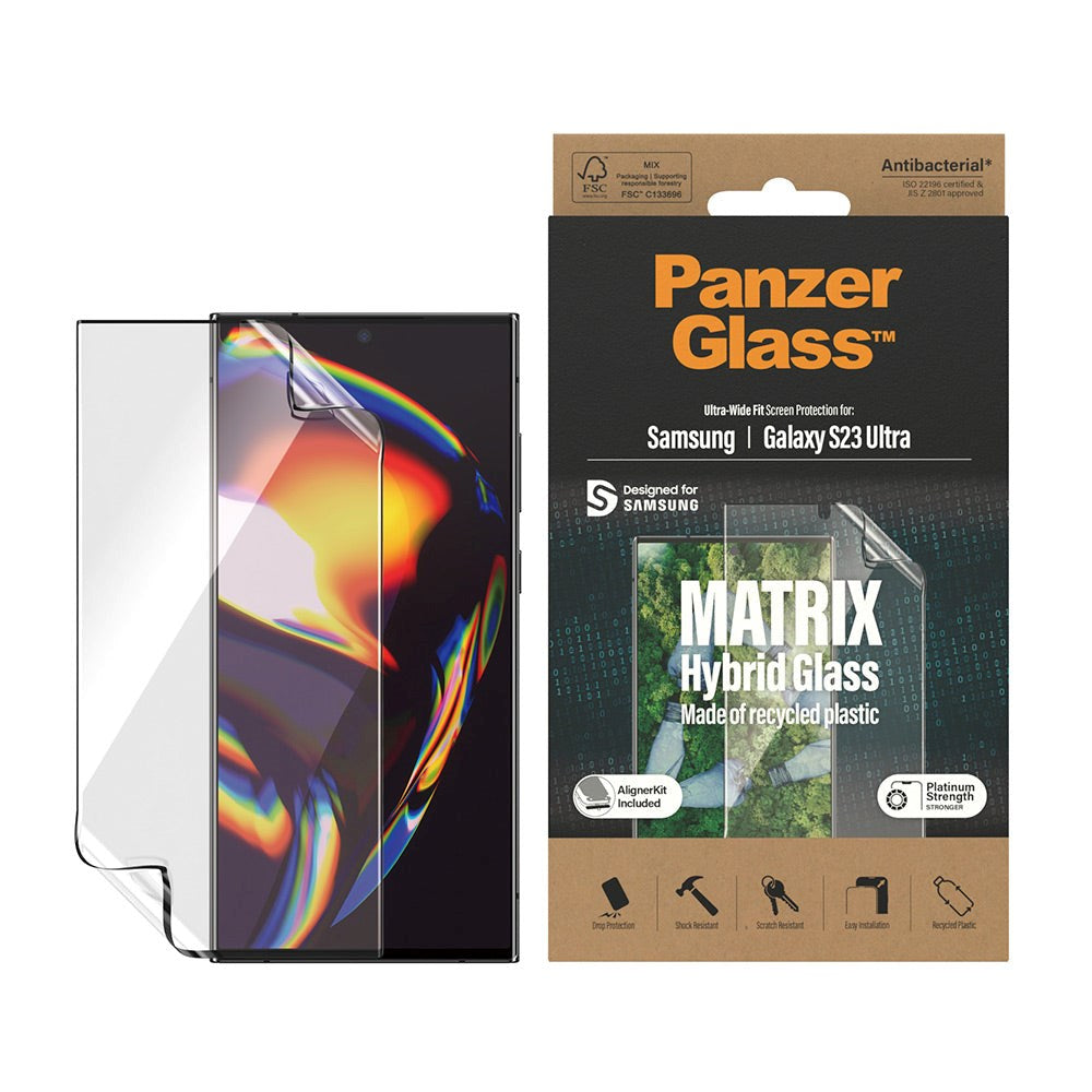 Samsung Galaxy S23 Ultra PanzerGlass Matrix Hybrid Glass AntiBacterial Ultra Wide Fit Skjermbeskyttelse - AlignerKit - Platinum Strength - Transparent