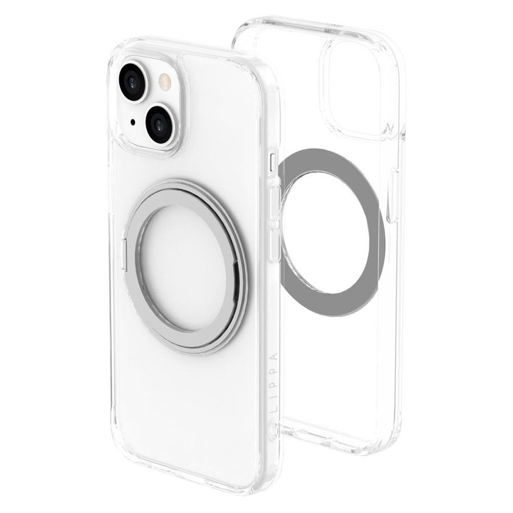 iPhone 15 Lippa Hybrid Plast Deksel med 360 Roterende Kickstand – MagSafe Kompatibelt – Gjennomsiktig / Sølv