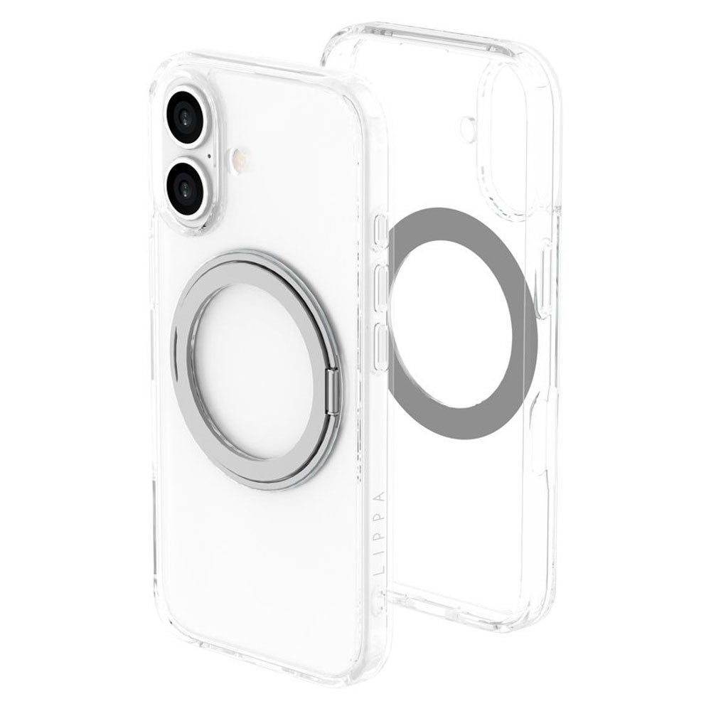 iPhone 16 Lippa Hybrid Plast Deksel med 360 Roterende Kickstand – MagSafe Kompatibelt – Gjennomsiktig / Sølv