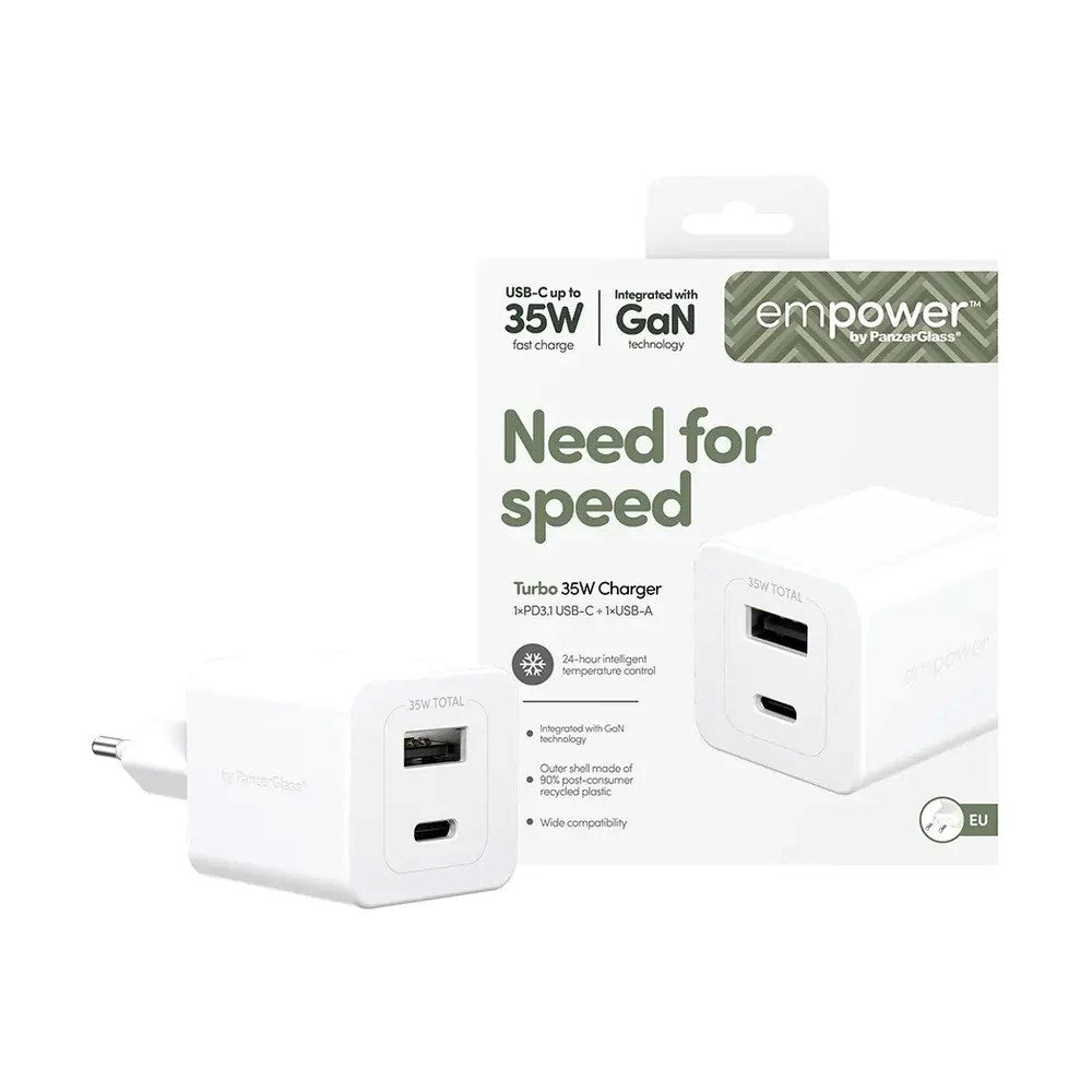 empower by PanzerGlass Turbo 35W Vegglader m. 1x USB-A & 1x USB-C – Silver White