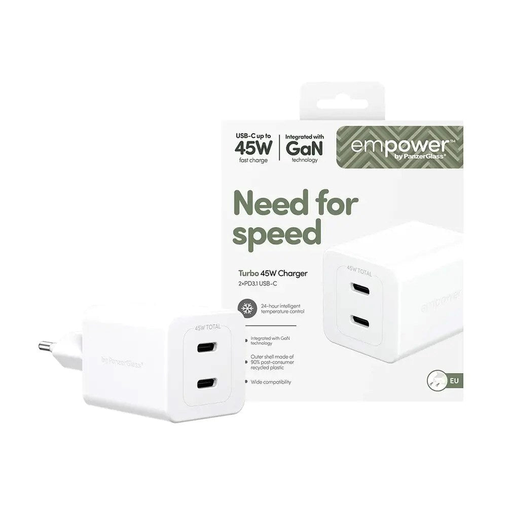 empower by PanzerGlass Turbo 45W Vegglader m. 2x USB-C – Silver White