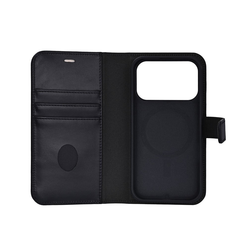 RadiCover Exclusive iPhone 17 Pro 2-in-1 Anti Stråling Ekte Skinn Flip Deksel med Lommebok - MagSafe Kompatibel - Svart