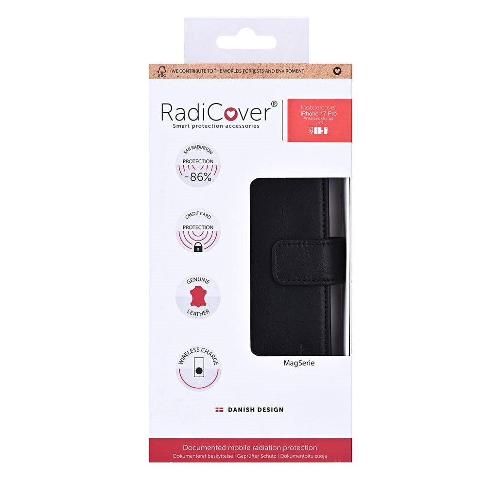 RadiCover Exclusive iPhone 17 Pro 2-in-1 Anti Stråling Ekte Skinn Flip Deksel med Lommebok - MagSafe Kompatibel - Svart