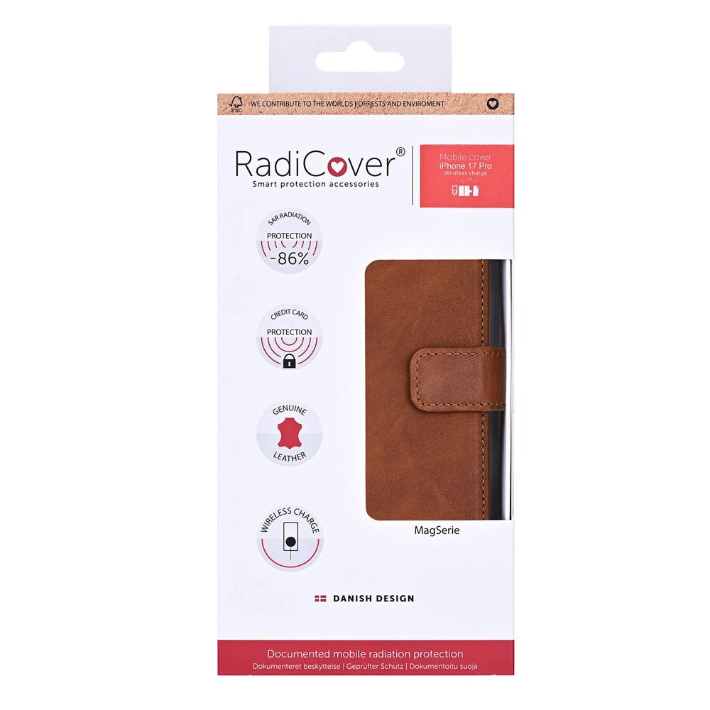 RadiCover Exclusive iPhone 17 Pro 2-in-1 Anti Stråling Ekte Skinn Flip Deksel med Lommebok - MagSafe Kompatibel - Brun