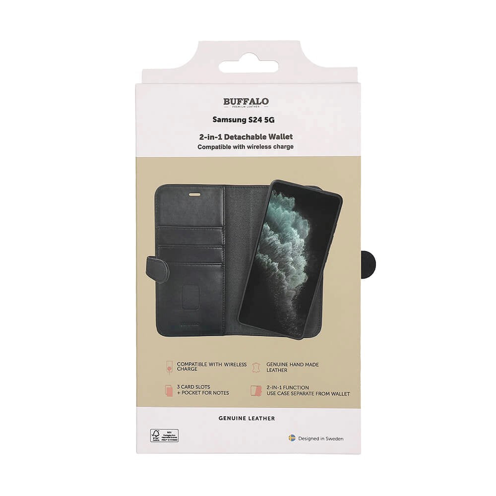 Samsung Galaxy S24 Buffalo 2-i-1 Magnet Flip-Deksel i Ekte Skinn med Lommebok - Svart