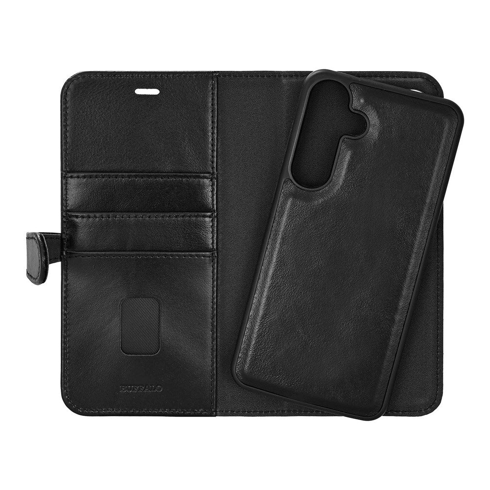 Samsung Galaxy S25+ (Plus) Buffalo 2-i-1 Magnet Flip-Deksel i Ekte Skinn med Lommebok - Svart