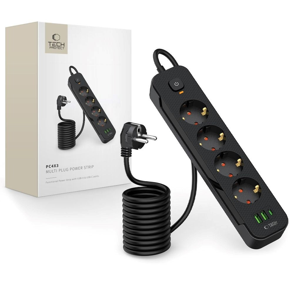 Tech-Protect Multifunksjonell Strømskinne med 4 x Uttak / 2 x USB-A / 1 x USB-C - 2m - Svart