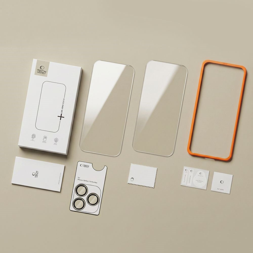 iPhone 18 Pro Max Tech-Protect Easy Set+ 3-i-1 Beskyttelsessett med Herdet Skjermbeskyttelsesglass og Kameralinsbeskyttelsesglass - Gjennomsiktig