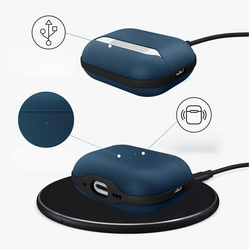 Apple AirPods Pro (3. gen.) Tech-Protect NaturalFit Kunstskinn Deksel m. Rem - Blå