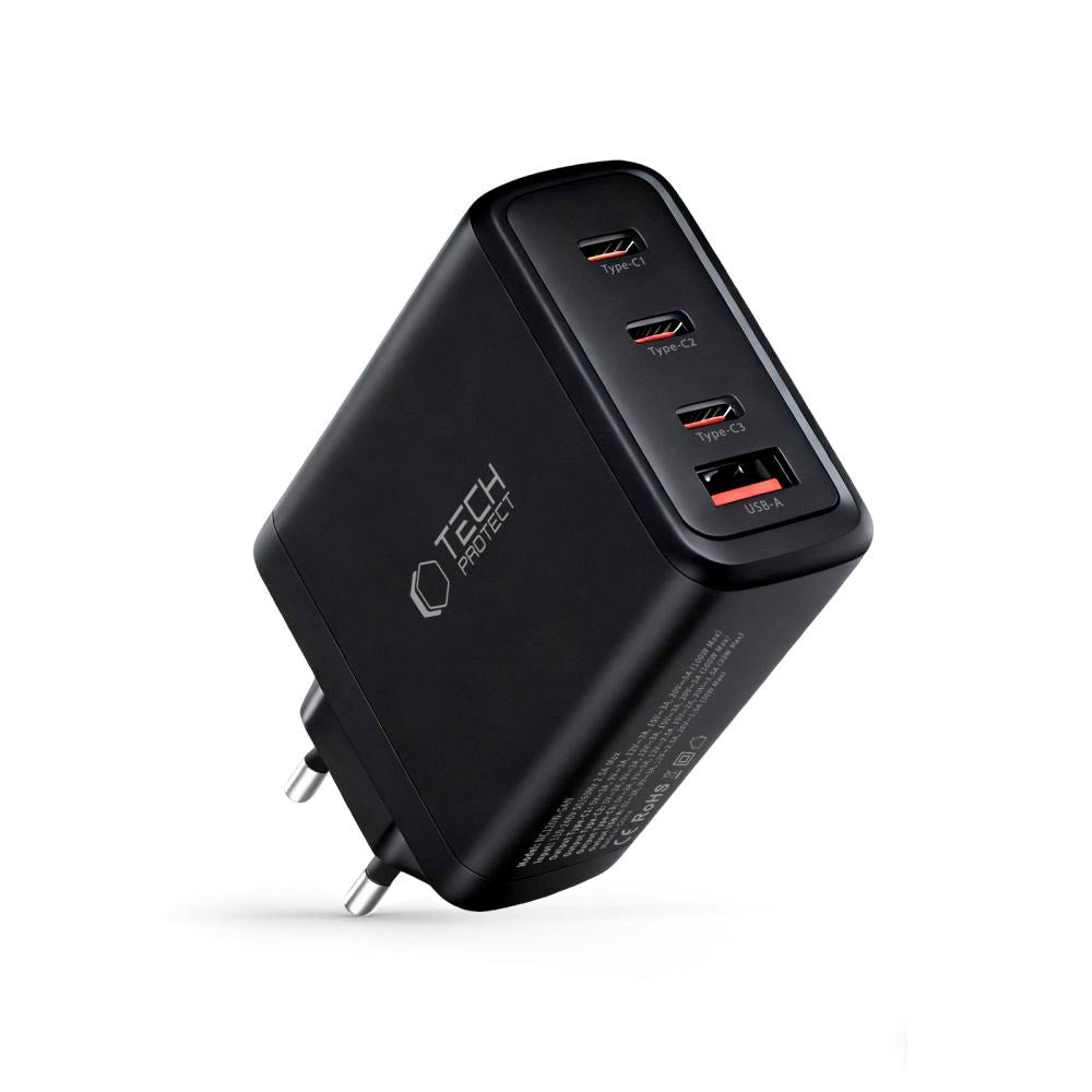 Tech-Protect 120W GaN Vegglader m. 1 x USB-A & 3 x USB-C – Svart