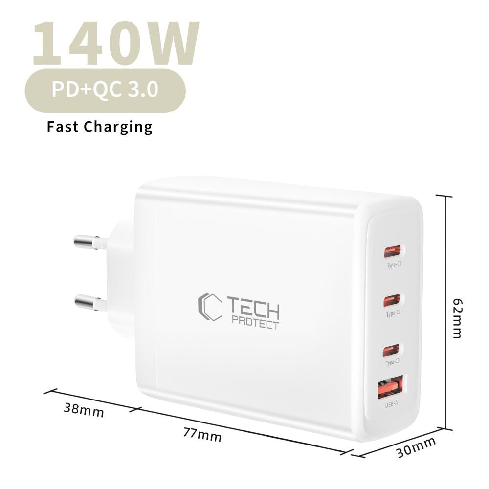 Tech-Protect 140W GaN Vegglader m. 1 x USB-A & 3 x USB-C – Hvit