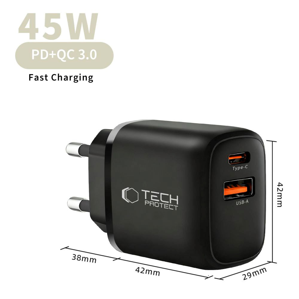 Tech-Protect 45W GaN Vegglader m. 1 x USB-A / 1 x USB-C / 1 x USB-C til USB-C Kabel – Svart
