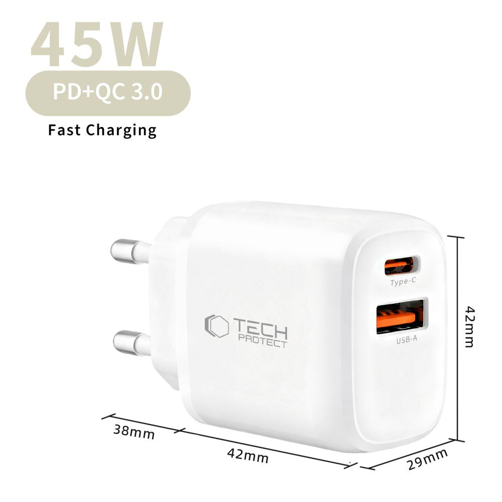 Tech-Protect 45W Vegglader m. Lightning Kabel - 1 x USB-C & 1 x USB-A - Hvit