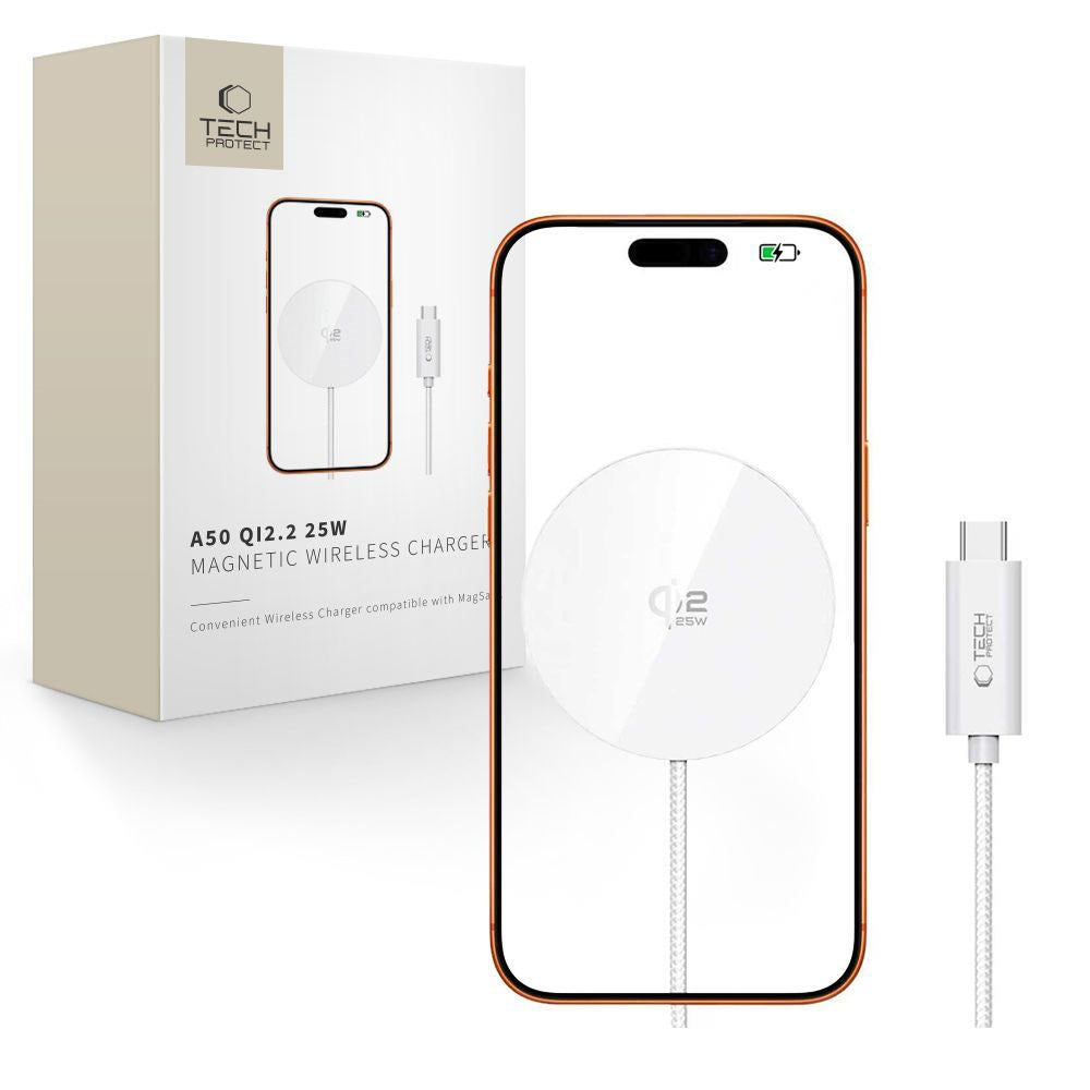 Tech-Protect 25W Qi2 Magnetisk Trådløs Lader - MagSafe Kompatibel - Hvit