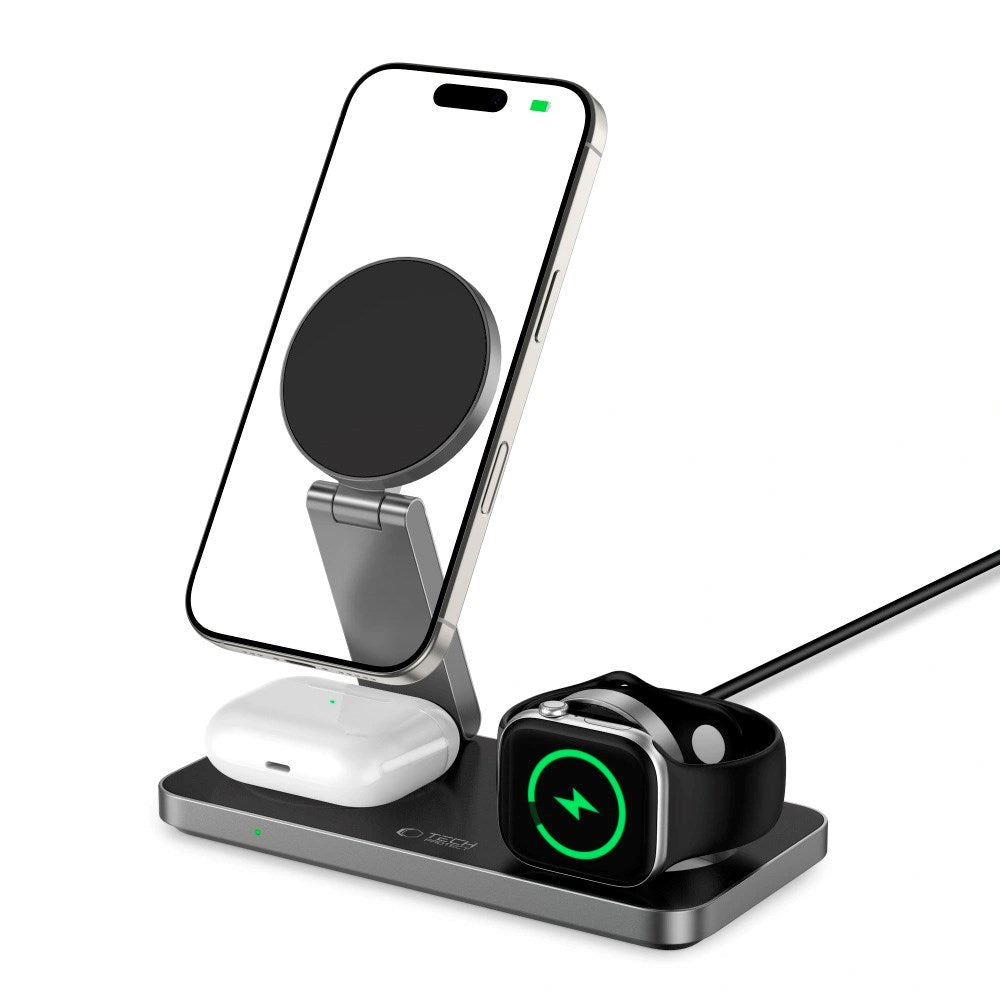 Tech-Protect 3-i-1 Magnetisk Trådløs Lader - MagSafe Kompatibel - 15W - Svart
