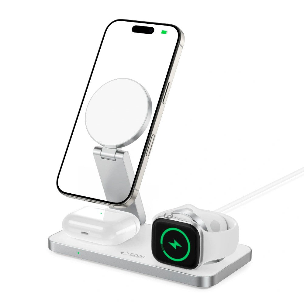 Tech-Protect 3-i-1 Magnetisk Trådløs Lader - MagSafe Kompatibel - 15W - Hvit