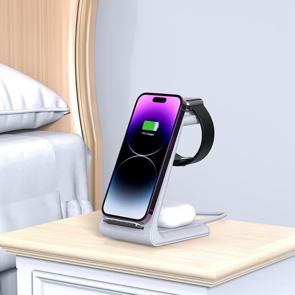 Tech-Protect QI15W-A36 Trådløs Lader med USB-C - 3-i-1 Funksjon - Hvit