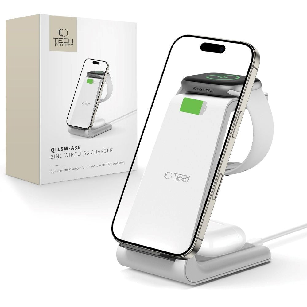 Tech-Protect QI15W-A36 Trådløs Lader med USB-C - 3-i-1 Funksjon - Hvit