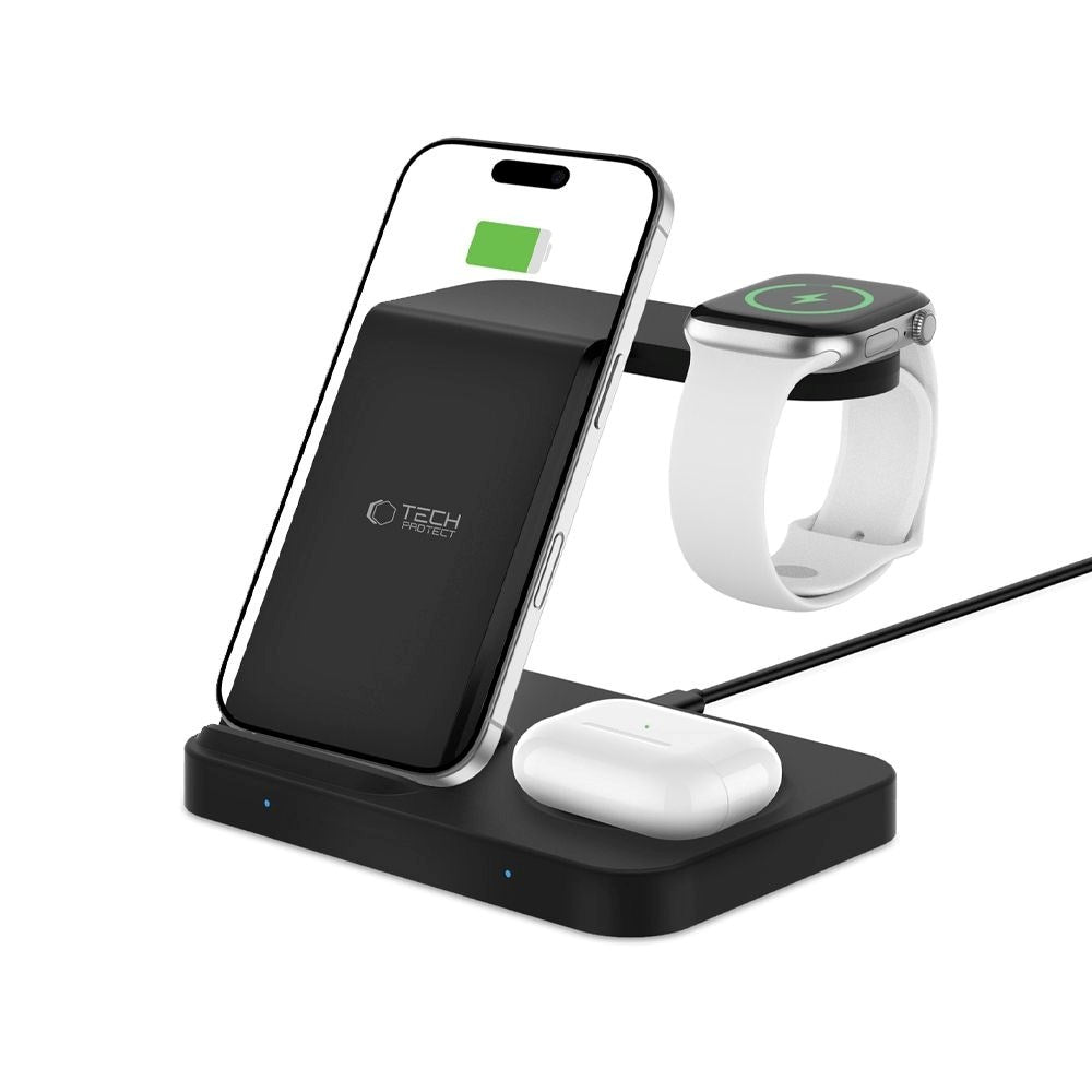 Tech-Protect Qi15W-A37 3-i-1 Trådløs Lader for Apple og Android - Svart