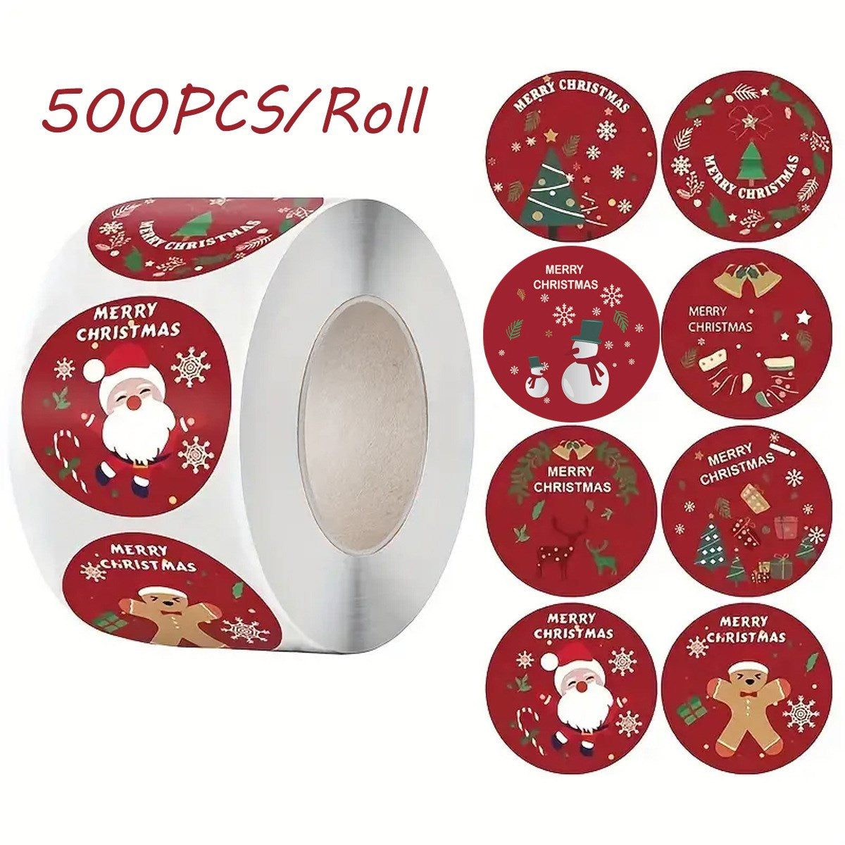 Rull med 500 Klistremerker - 8 Design - Jul / Rød