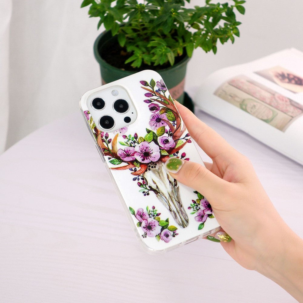 iPhone 14 Pro Fleksibelt TPU-Plastbakdeksel - Blomsterhjort