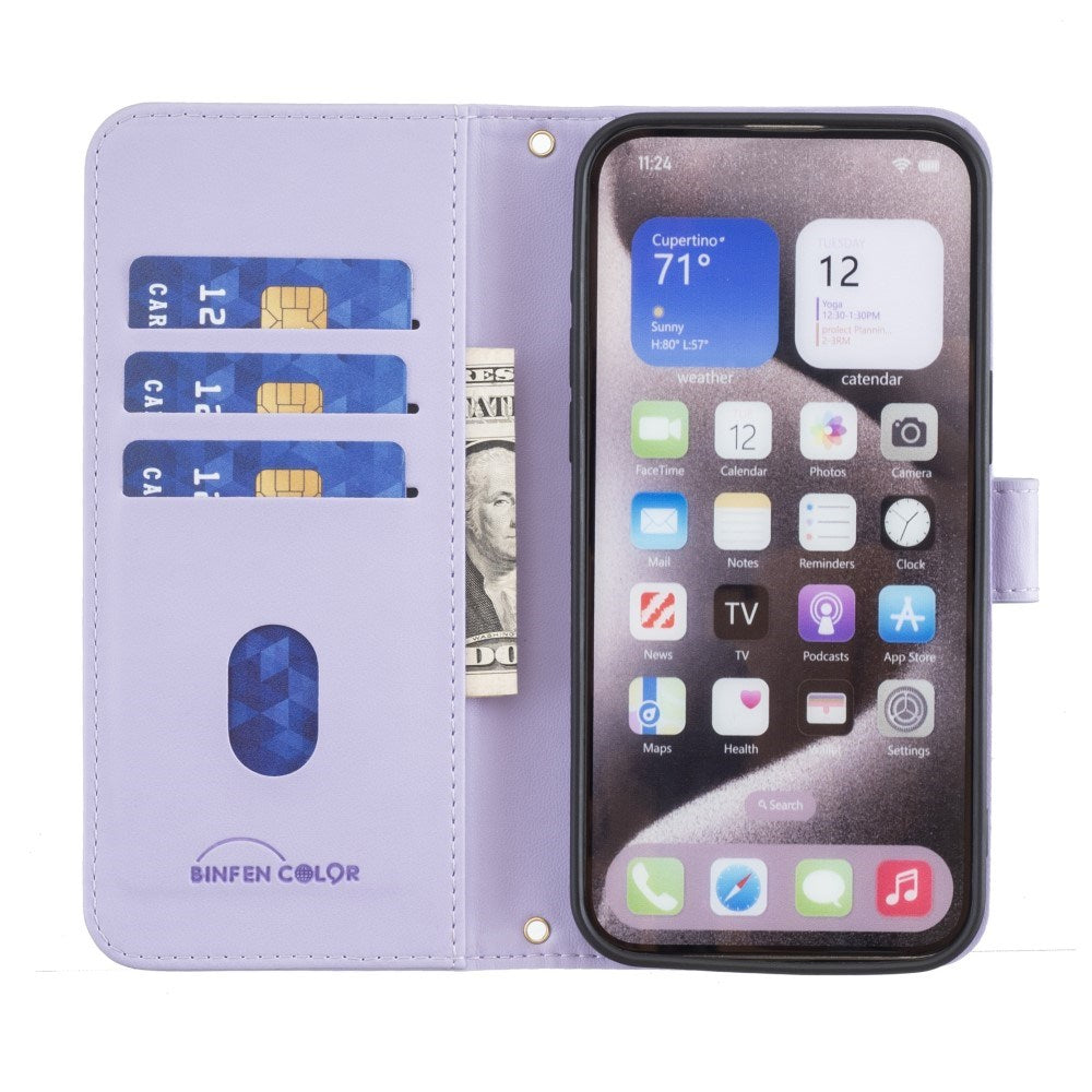 iPhone 16 Pro Rutete Kunstskinn Flip Deksel med Lommebok og Stropp - Lilla