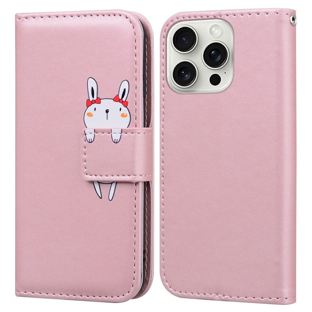 iPhone 16 Pro Kunstskinn Flip Deksel m. Figur - Rosa