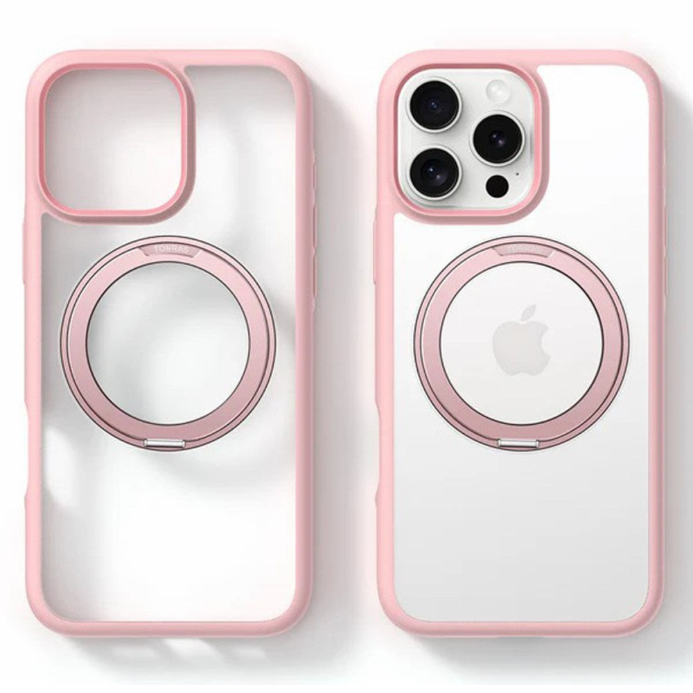 TORRAS iPhone 16 Pro Hybrid Plast Deksel m. Roterbar Kickstand Ring - MagSafe Kompatibel - Gjennomsiktig / Rosa