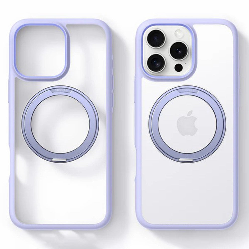 TORRAS iPhone 16 Pro Hybrid Plast Deksel m. Roterbar Kickstand Ring - MagSafe Kompatibel - Gjennomsiktig / Lilla
