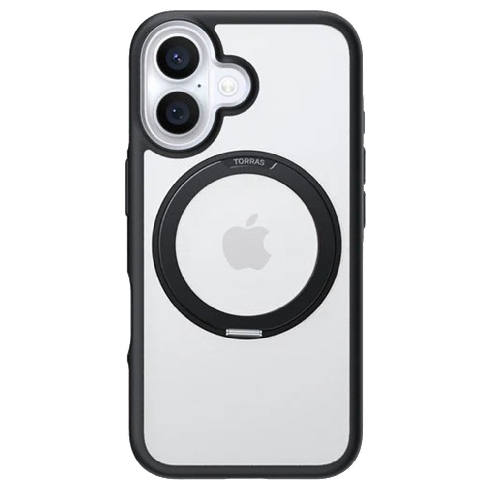 TORRAS iPhone 16 Hybrid Plast Deksel m. Roterbar Kickstand Ring - MagSafe Kompatibel - Gjennomsiktig / Svart
