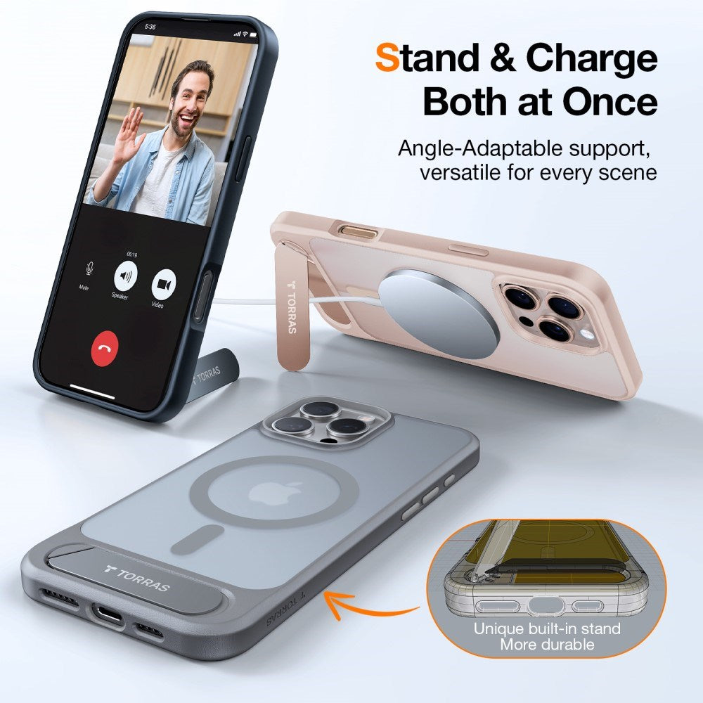 TORRAS iPhone 16 Pro Hybrid Deksel m. Ståfunksjon - MagSafe Kompatibel - Rose Gold