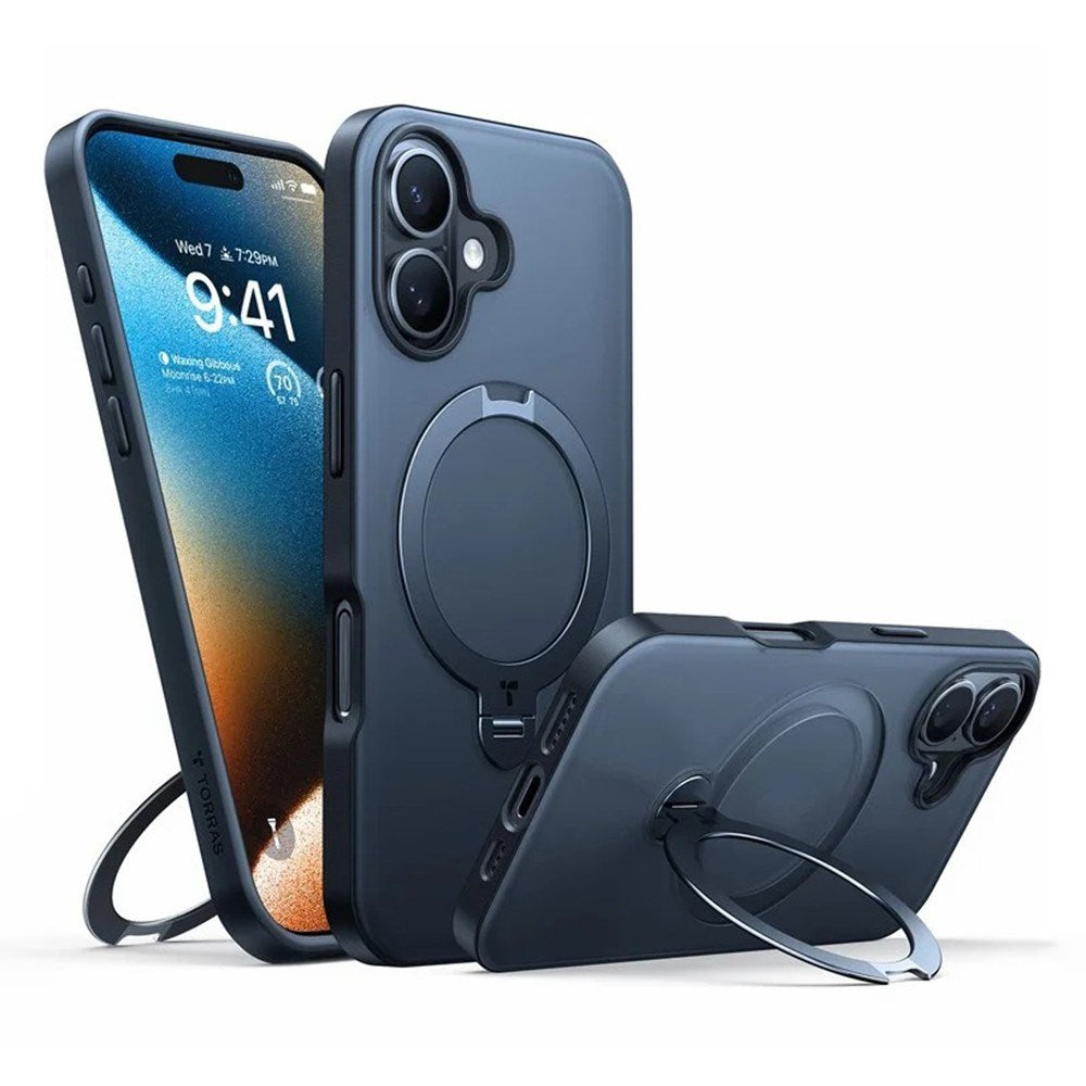 TORRAS iPhone 16 Hybrid Plast Deksel m. Ståfunksjon - MagSafe Kompatibel - Svart