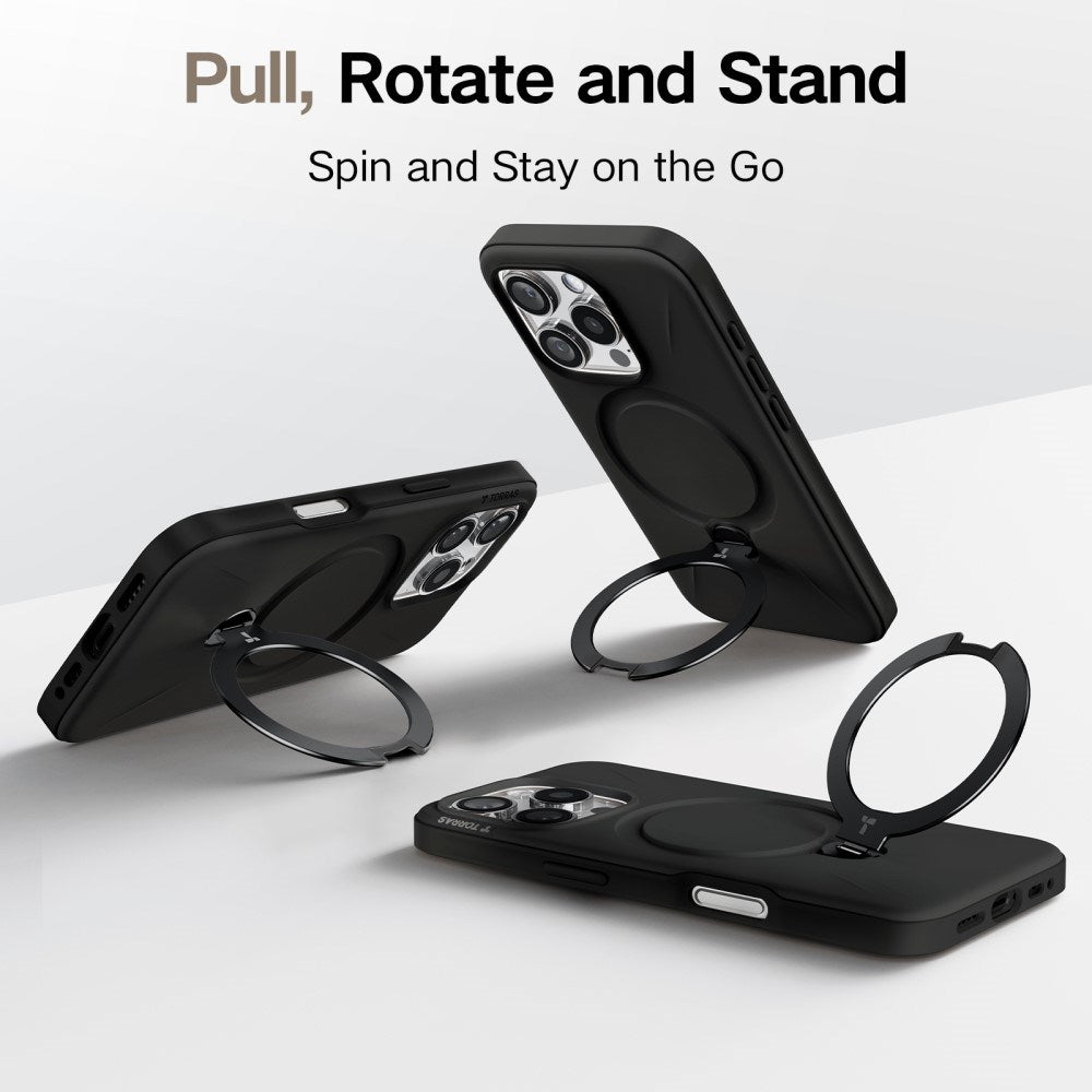 TORRAS iPhone 16 Pro Max Fleksibelt Plast Deksel m. Ring Kickstand - MagSafe Kompatibel - Svart