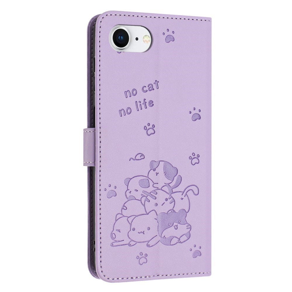 EIDERWOOD iPhone 17e / 16e Kunstskinn Flip Deksel m. Kattemønster - Lilla