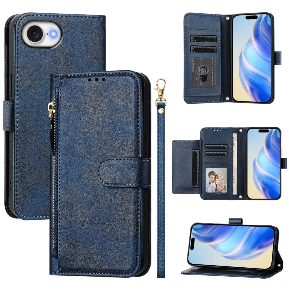 EIDERWOOD iPhone 17e / 16e Kunstskinn Flip Deksel m. Lommebok & Stropp - Blå