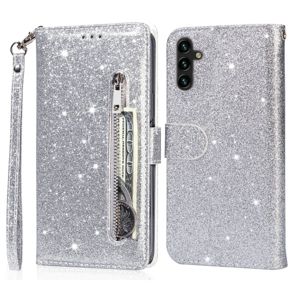 EIDERWOOD Samsung Galaxy A56 (5G) Glitter Flip Deksel m. Glidelåslomme & Ståfunksjon - Sølv