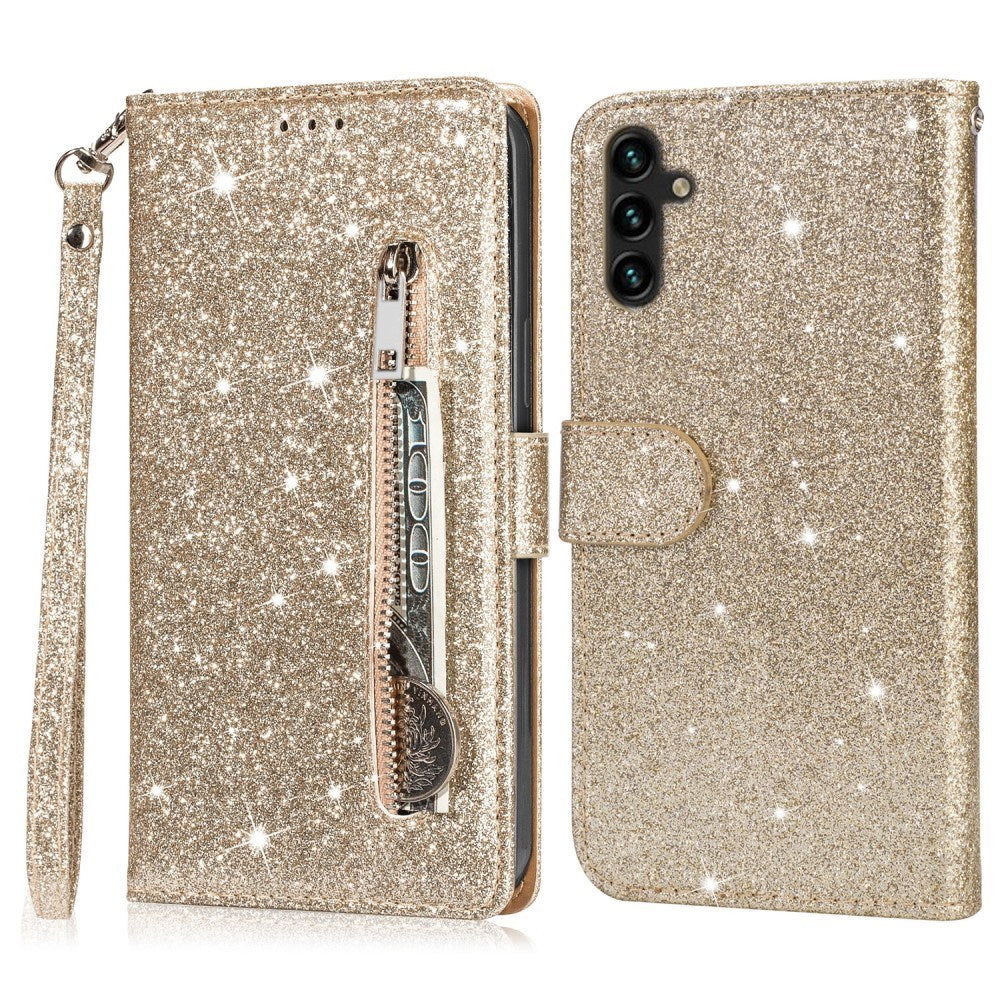 EIDERWOOD Samsung Galaxy A56 (5G) Glitter Flip Deksel m. Glidelåslomme & Ståfunksjon - Gull