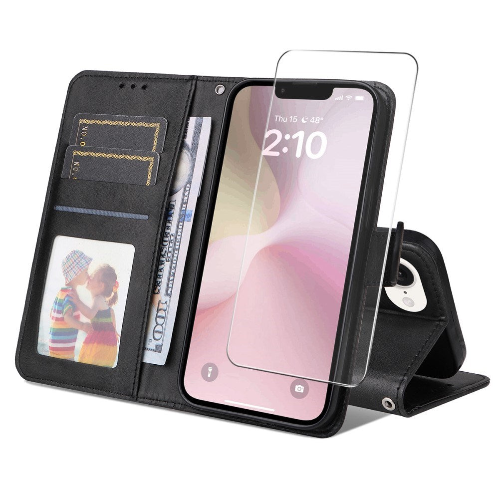 ENKAY iPhone 17e / 16e 2-i-1 Kunstskinn Flip Deksel m. Skjermbeskyttelsesglass - Svart
