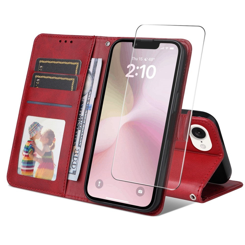 ENKAY iPhone 17e / 16e 2-i-1 Kunstskinn Flip Deksel m. Skjermbeskyttelsesglass - Rød