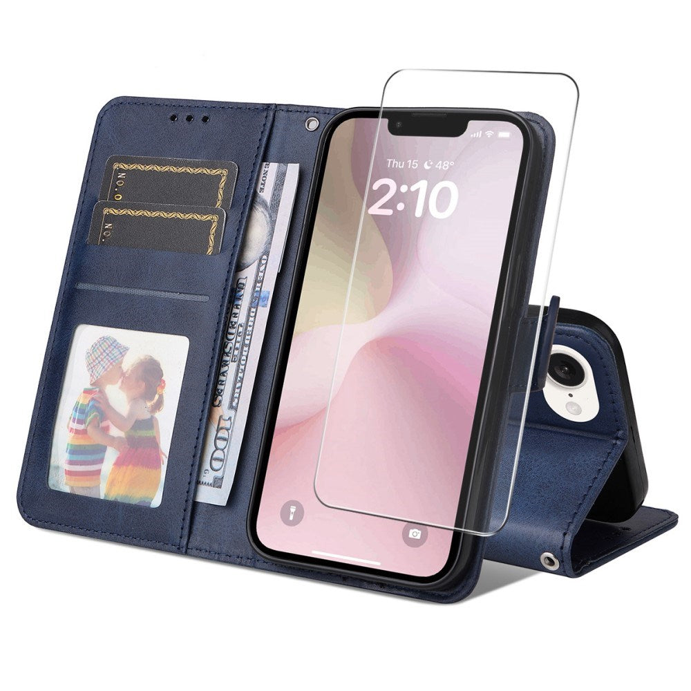 ENKAY iPhone 17e / 16e 2-i-1 Kunstskinn Flip Deksel m. Skjermbeskyttelsesglass - Blå