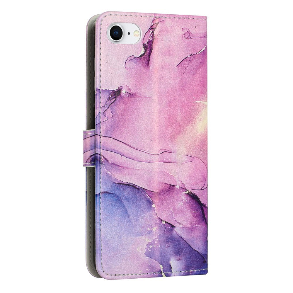 EIDERWOOD iPhone 17e / 16e Kunstskinn Flip Deksel med Lommebok og Stropp - Marmordesign - Lilla