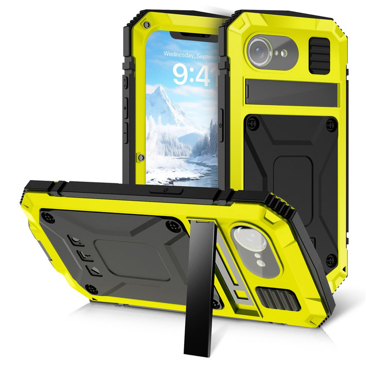 iPhone 17e / 16e R-JUST Hybrid Robust Deksel m. Innebygd Skjermbeskyttelse & Kickstand - Gul