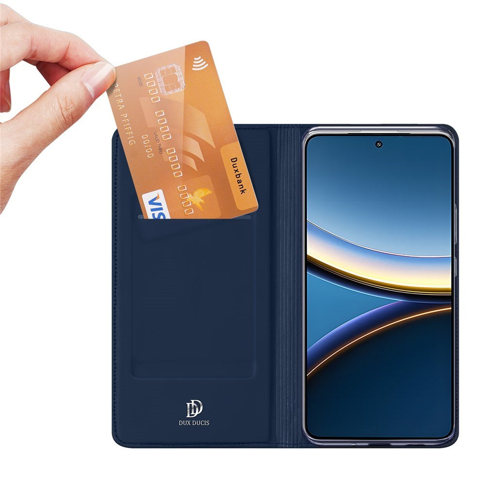 Xiaomi Poco F7 Pro EIDERWOOD Kunstskinn Flip Deksel m. Kortlomme & Stativfunksjon – Blå