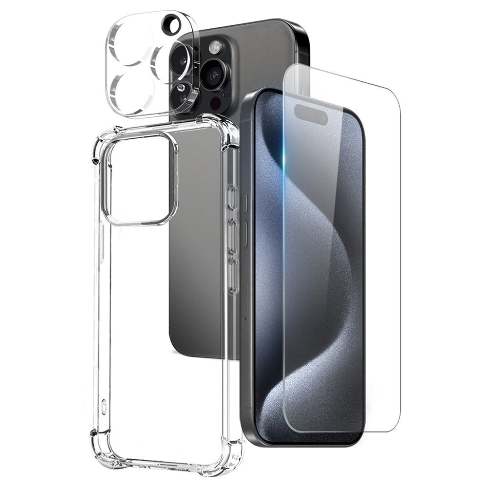 NORTHJO iPhone 15 Pro Max 3-i-1 Beskyttelsessett med Støtdempende Fleksibelt Plast Deksel & Skjermbeskytter i Herdet Glass & Kameralinseglass - Gjennomsiktig