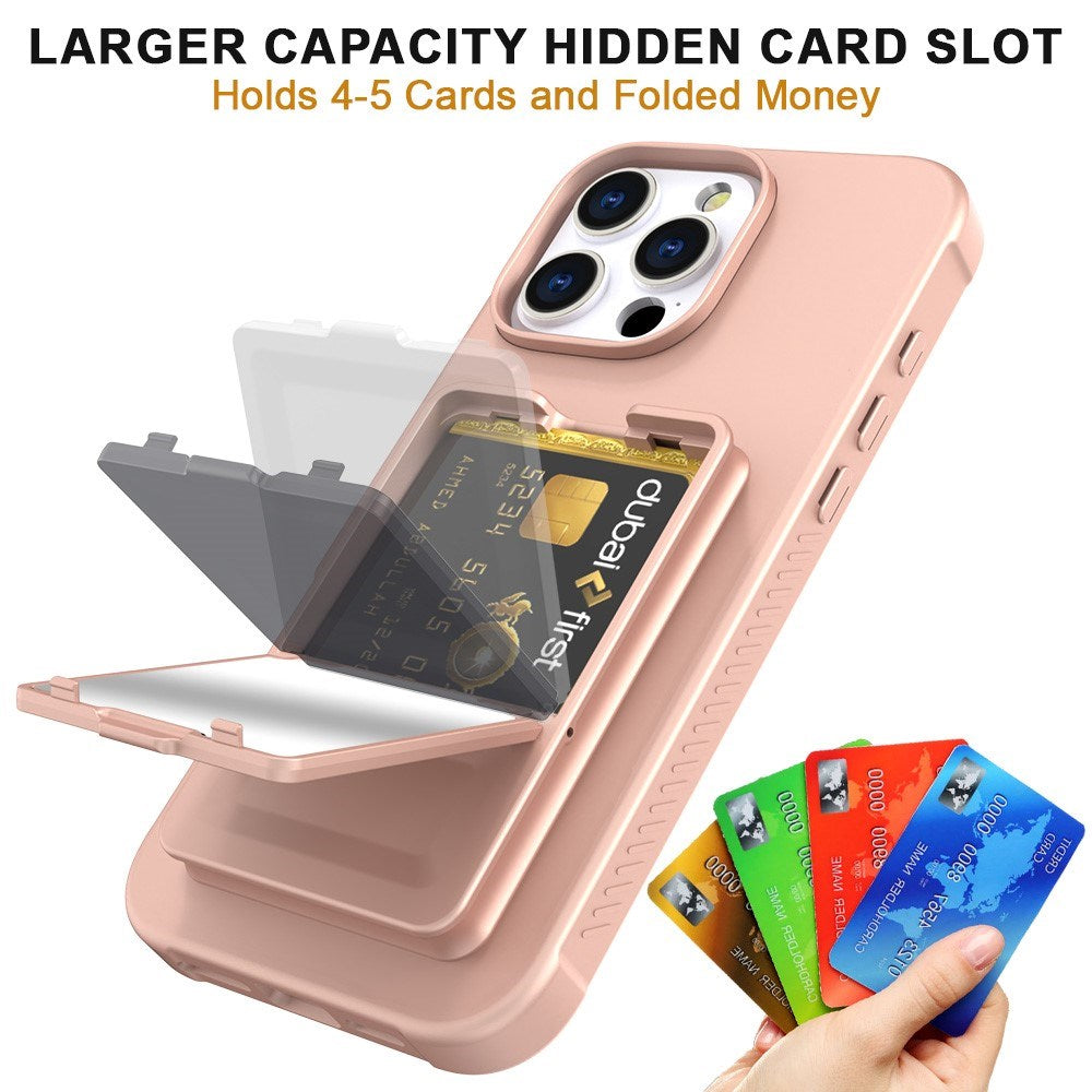 EIDERWOOD iPhone 16 Pro Fleksibelt Plast Deksel med Kortholder & Innebygd Speil – Rose Gold