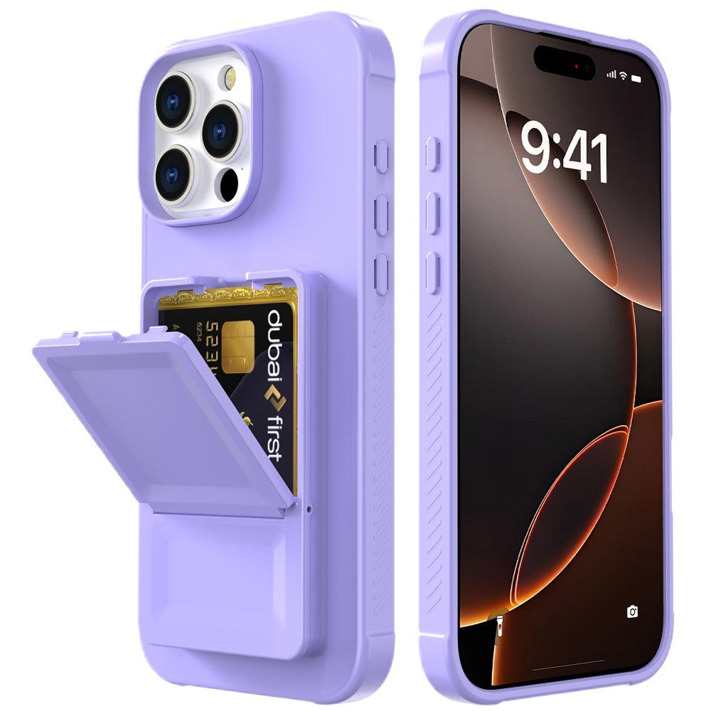 EIDERWOOD iPhone 16 Pro Fleksibelt Plast Deksel med Kortholder & Innebygd Speil – Lilla