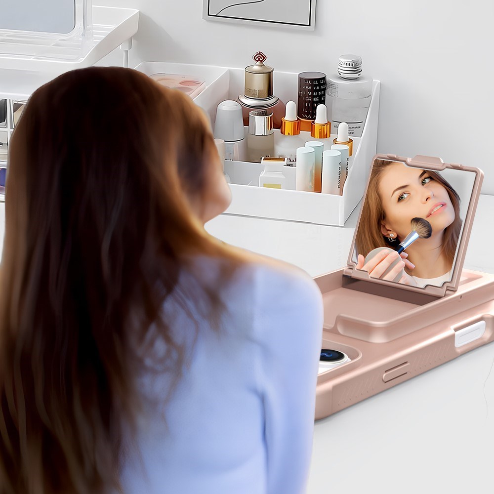EIDERWOOD iPhone 16 Fleksibelt Plast Deksel med Kortholder & Innebygd Speil – Rose Gold