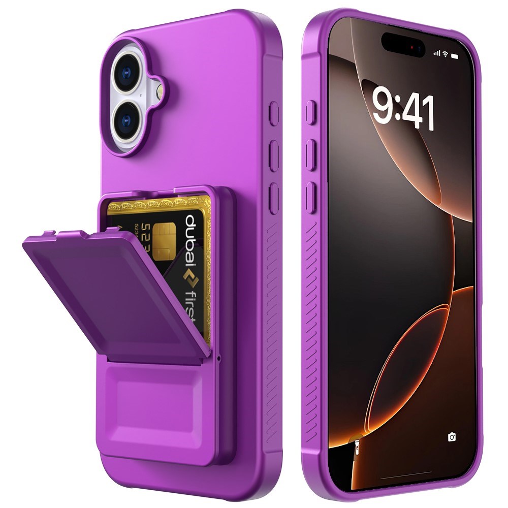 EIDERWOOD iPhone 16 Fleksibelt Plast Deksel med Kortholder & Innebygd Speil – Mørk Lilla