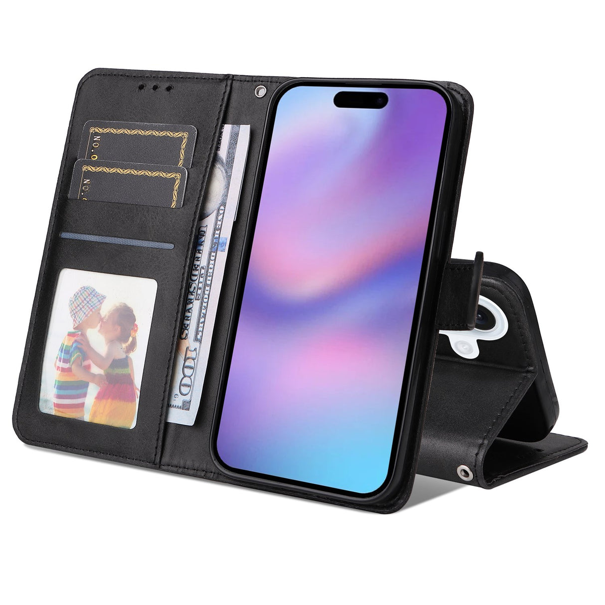 EIDERWOOD iPhone 17 Kunstskinn Flip Deksel med Lommebok & Stropp – Svart