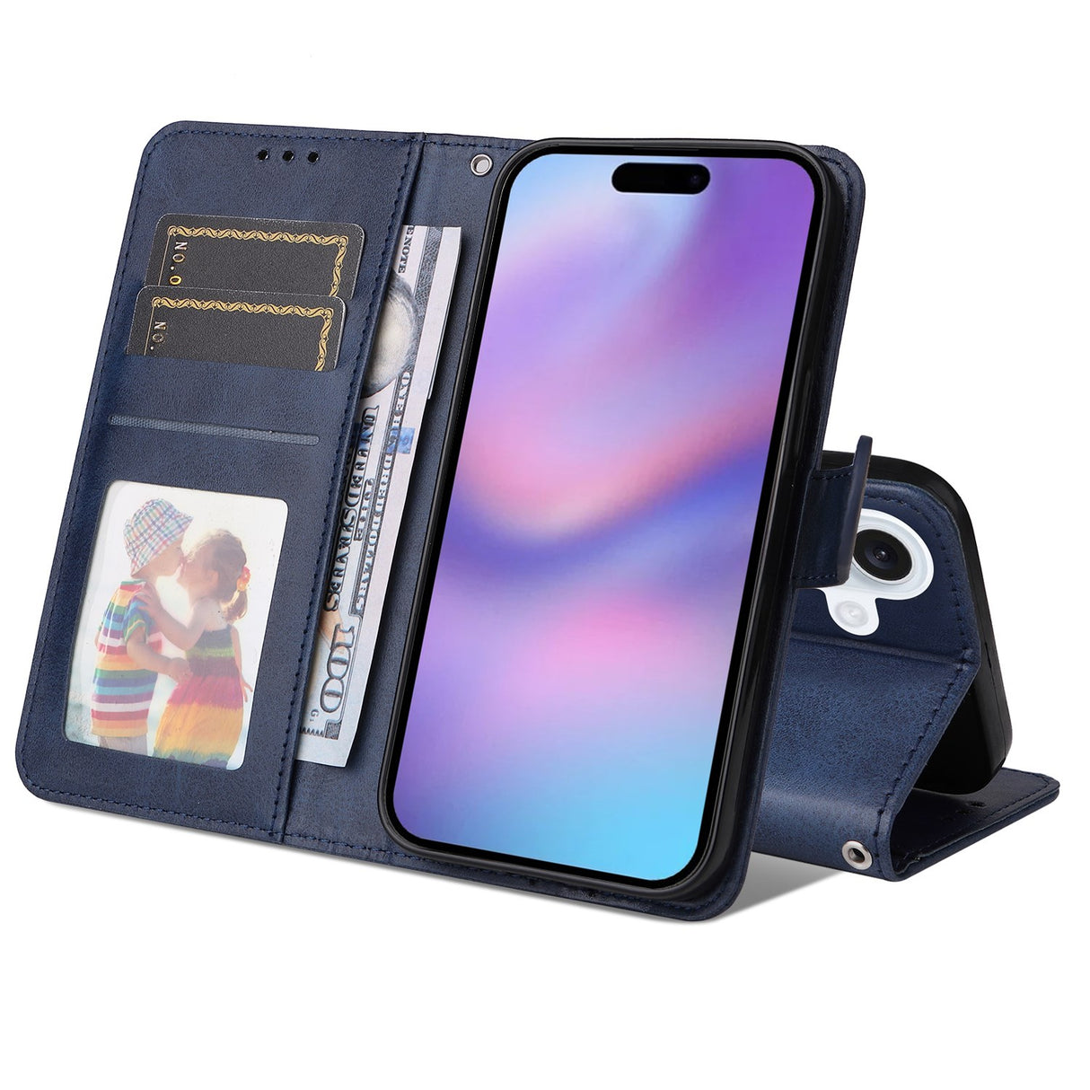 EIDERWOOD iPhone 17 Kunstskinn Flip Deksel med Lommebok & Stropp – Blå